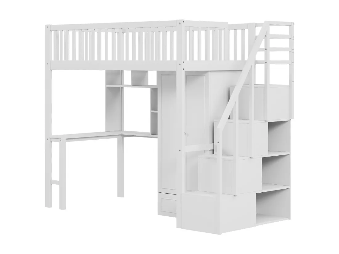 Lit mezzanine 90 x 200 cm avec grande armoire, bureau, bibliothèque, escalier et tiroirs, tout-en-un, Bois MDF, Blanc