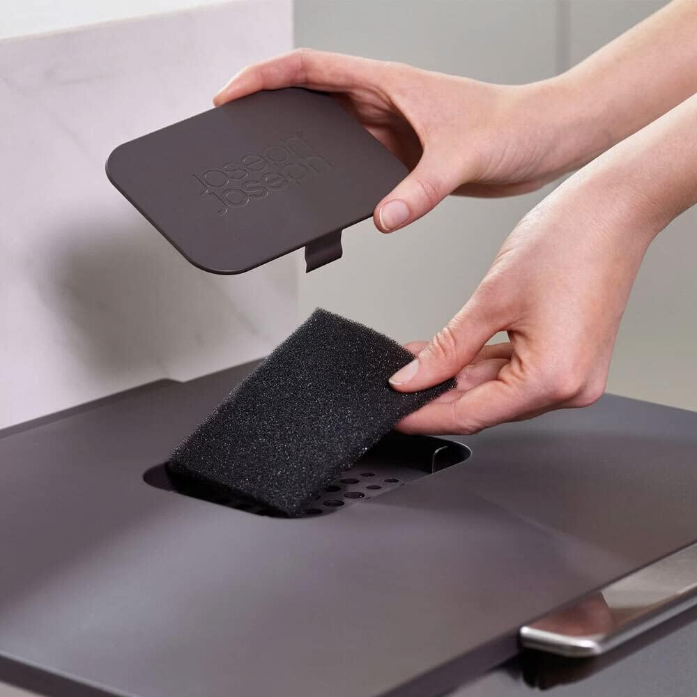 Joseph Joseph IntelligentWaste Totem Compact 40 L – Abfalltrennsystem – Küchenabfalleimer mit getrennten Wertstoff- und Speiseabfallfächern, Deckel mit integriertem Geruchsfilter, 40 Liter – Stein