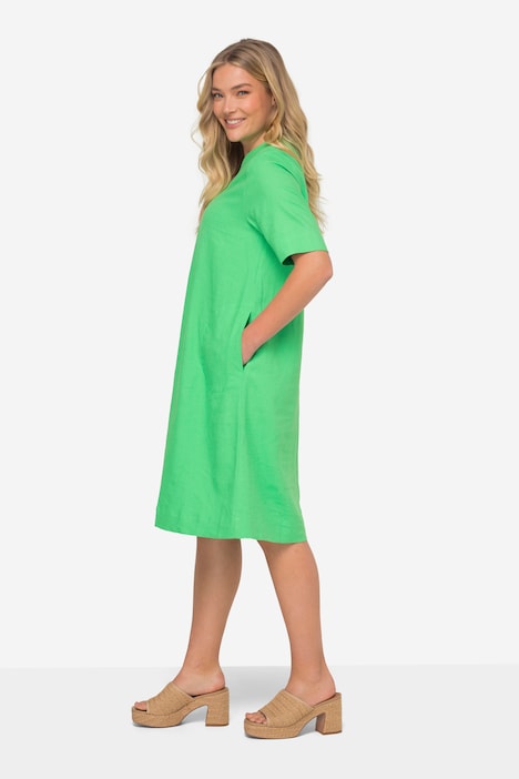 Leinenmix-Kleid, A-Line, V-Ausschnitt, Halbarm