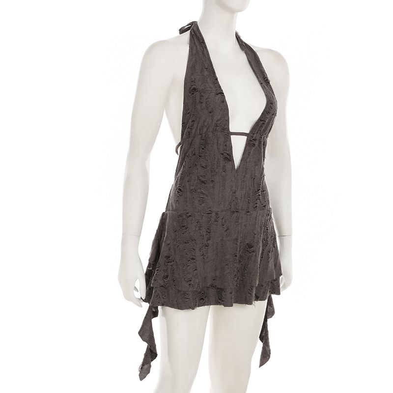 BrickBlack - Halter V-hals effen A-lijn minijurk met distressed effect
