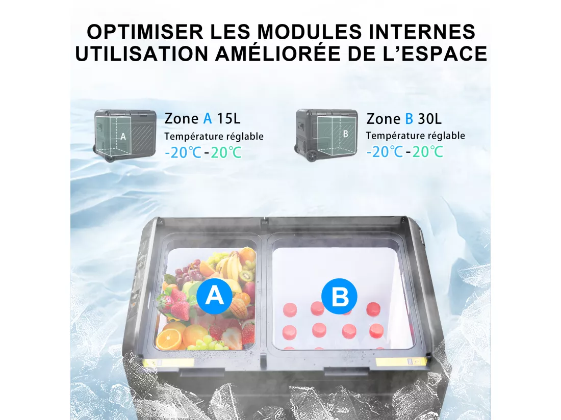 Réfrigérateur de voiture HOMEMiYN 12 V, réfrigérateur de voiture à double zone de 45 litres, congélateur portable (-8 ℉ ~ 68 ℉) avec 12/24 V DC 100/240 V AC, glacière électrique à contrôle APP pour voiture, camping-car, camping, voyage et usage domes