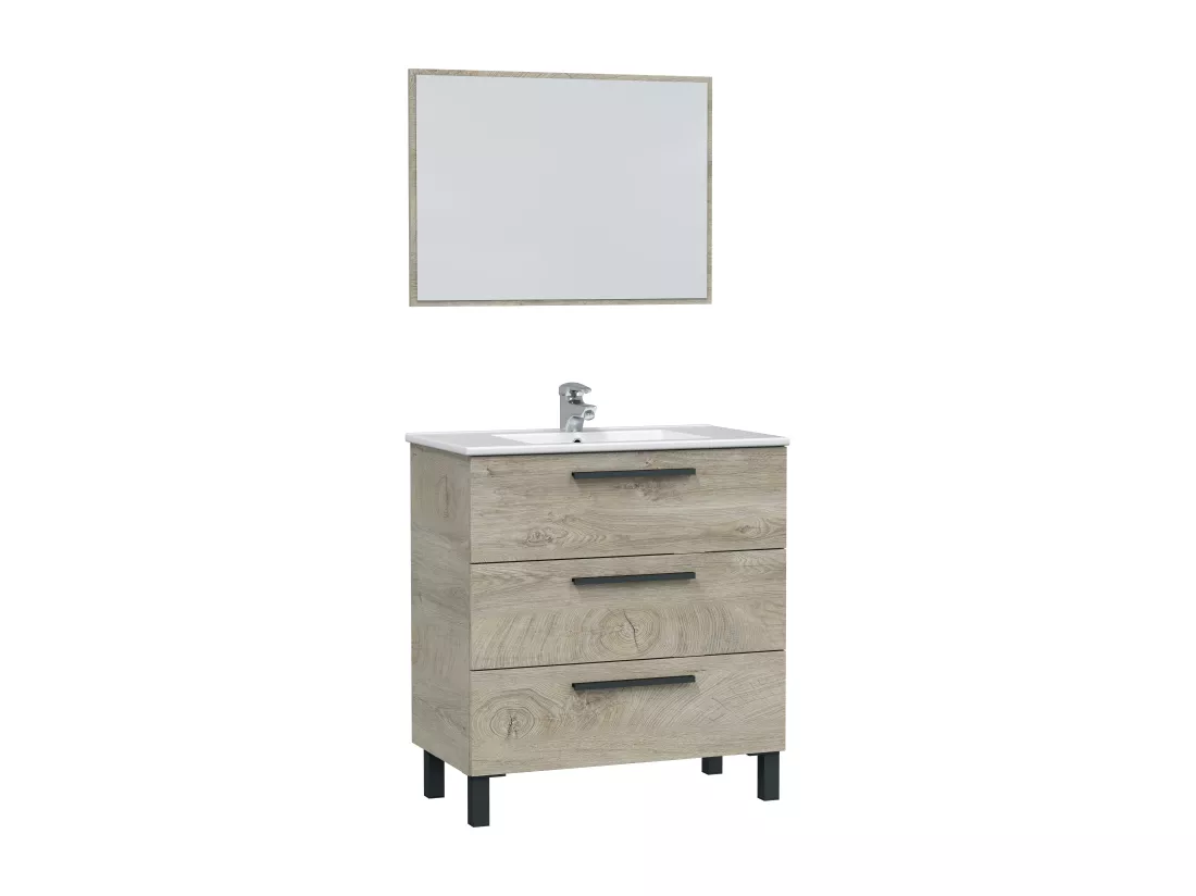 Meuble salle de bain sous vasque avec 3 Tiroirs + 1 Miroir coloris Alaska chêne - Longueur 80 x Profondeur 45 x Hauteur 86 cm