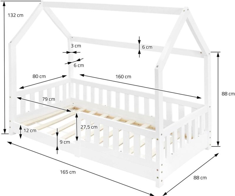 Houten Kinderbed - Wit - 80x160 cm - Met Uitvalbescherming en Lattenbodem