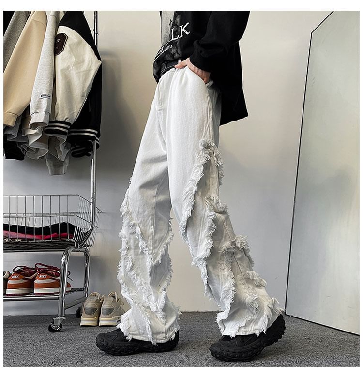 Tiaota - Mid Rise Washed Frayed Loose Fit Jeans