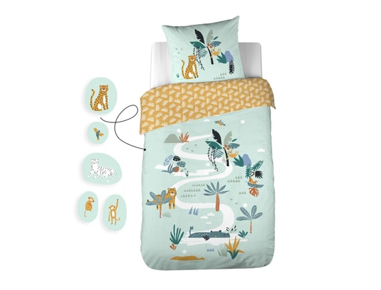COTE DECO - Ensemble couette + 1 oreiller Parure de lit enfant jungle avec animaux à scratcher - 100...