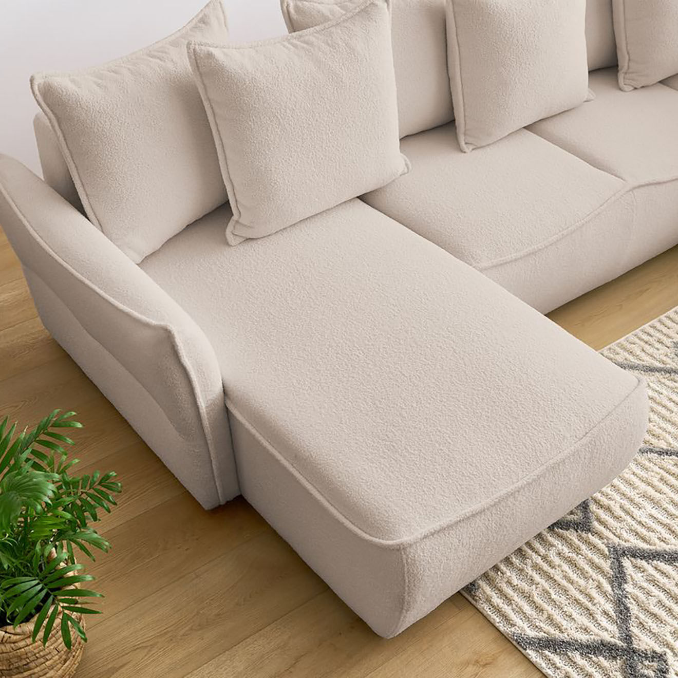Bobochic Canapé panoramique convertible coffre d'angle gauche bouclette léon beige - 320x194x90 cm