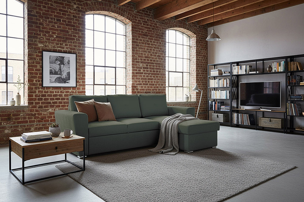 Schlafecksofa APARTMENT 245cm grün Strukturstoff inkl. Stauraum beidseitig aufbaubar