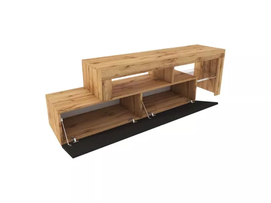 Meuble TV - 172 cm chêne wotan - façade Noir - avec LED - ASTEN