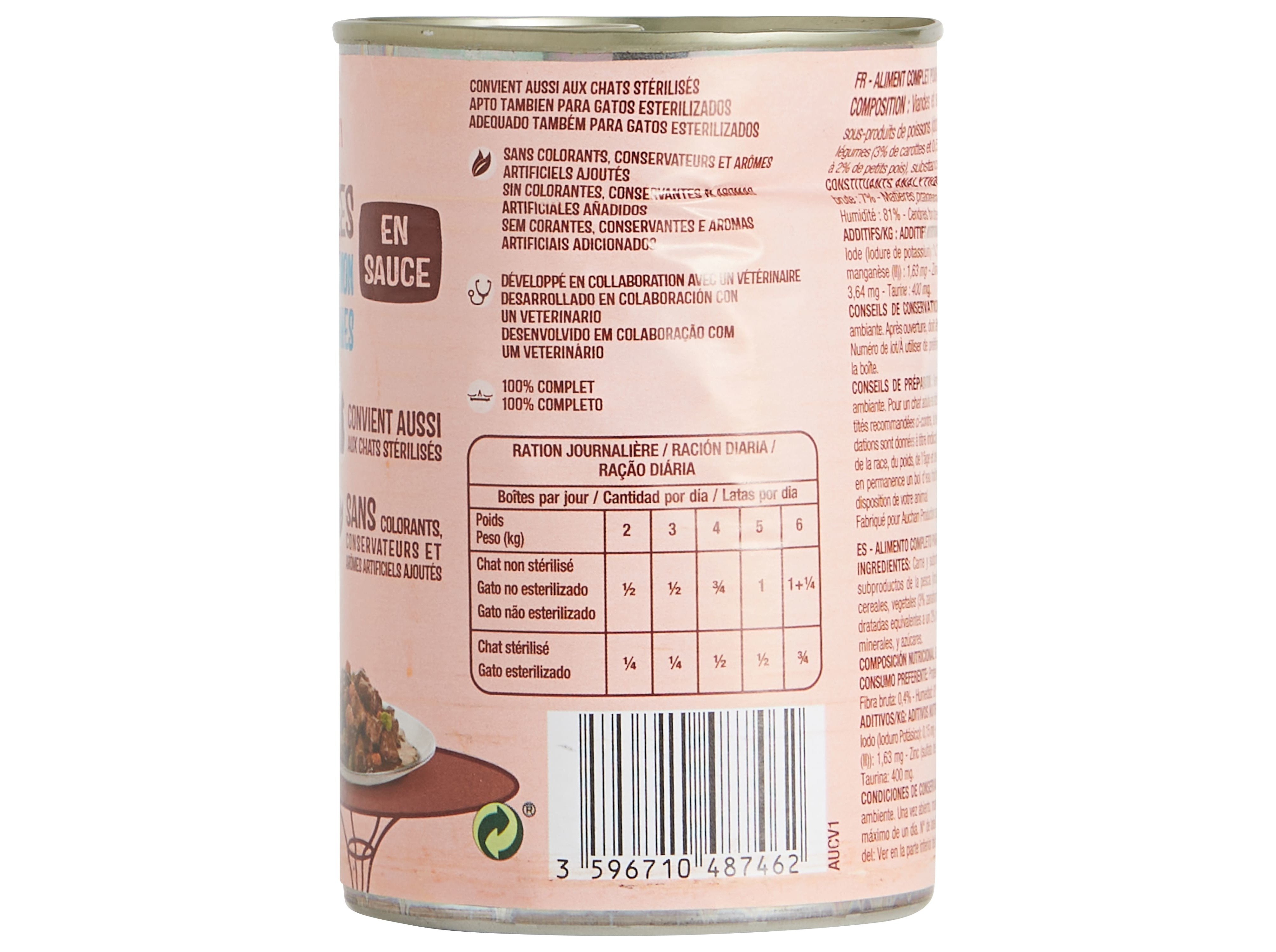 COMIDA HÚMIDA PARA GATO AUCHAN PEDAÇOS EM MOLHO COM ATUM COM SALMÃO E COM LEGUMES 400G