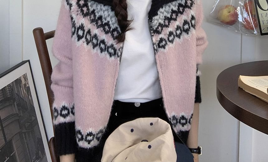 ANORA - Cropped jacquard cardigan met col en rits