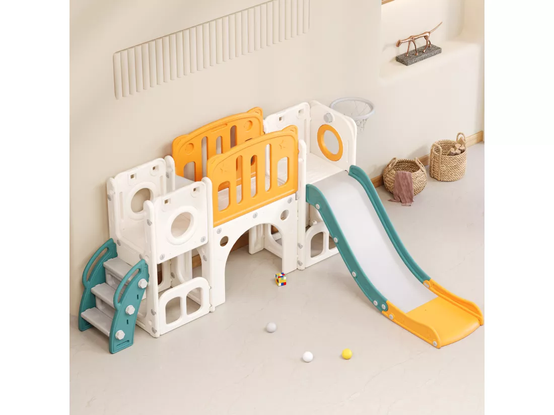 Toboggan 6 en 1 en PEHD pour enfant, avec plate-forme, escalier, 2 zondes de rangement, arcade, panier de basket, vert