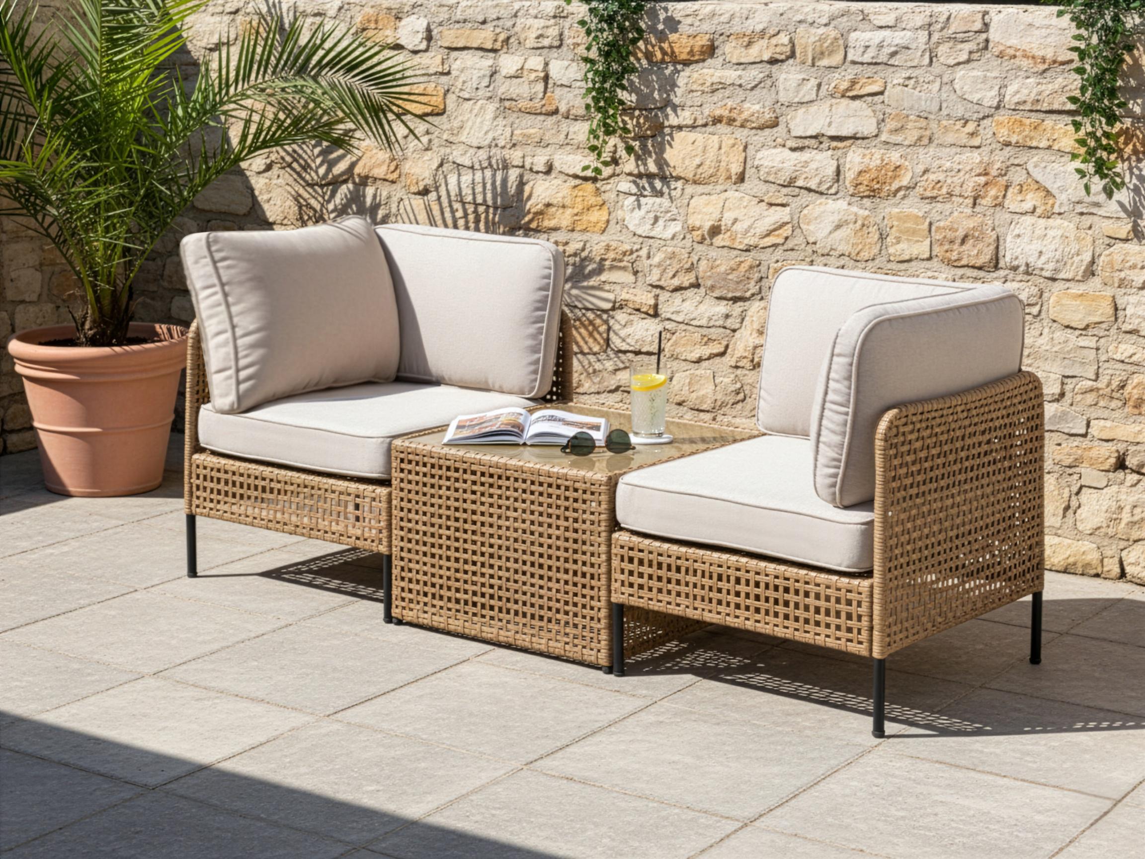 Tuinbank met tafel 2-zits OMEGANA PE rotan Lichtbeige