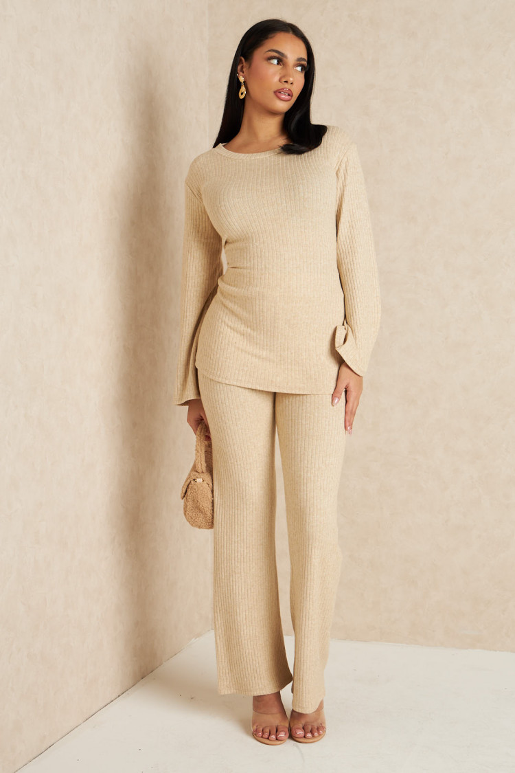 Ensemble 2 pièces ajustable ficelle dans le dos pull + pantalon beige