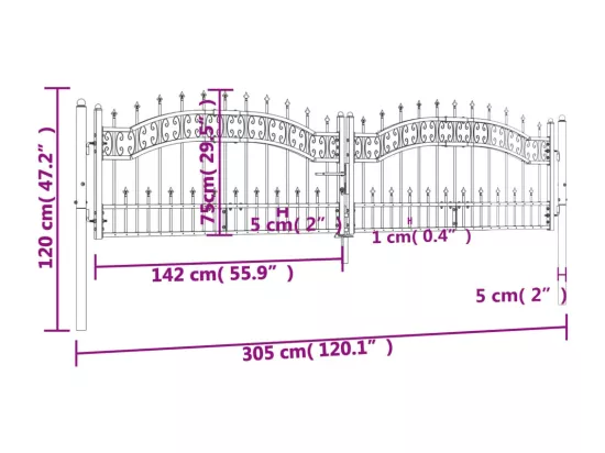 Portail et sommet de lance Noir 305x120 cm Acier enduit poudre