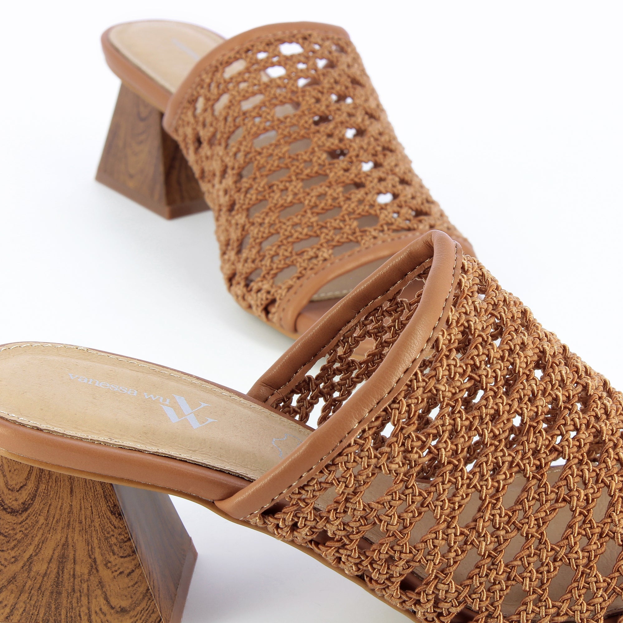 Sandales à talon, Compensées-Mules à talon Sandrine camel tressées façon cannage