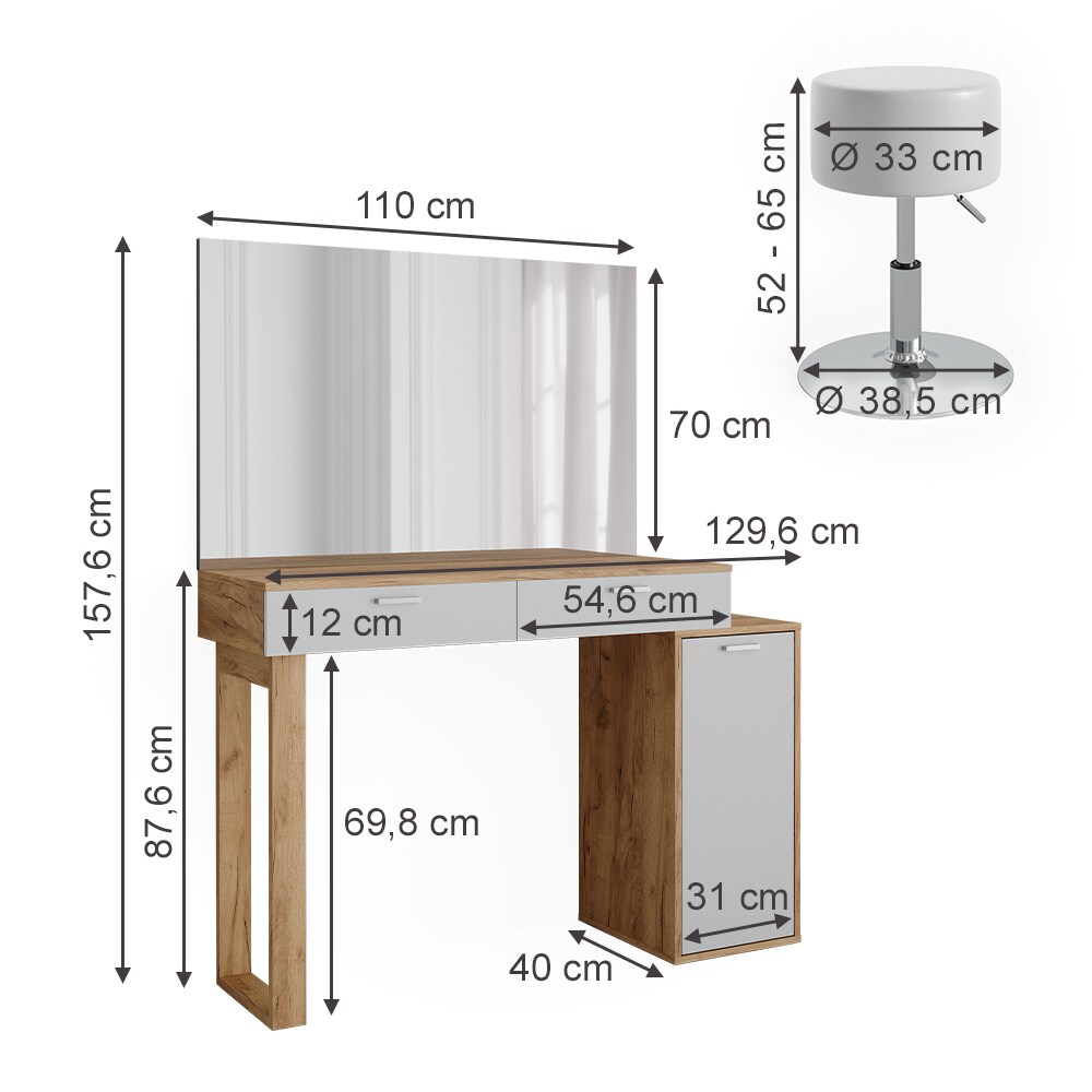 Vicco Schminktisch Regina Eiche Weiß 130 cm mit Hocker