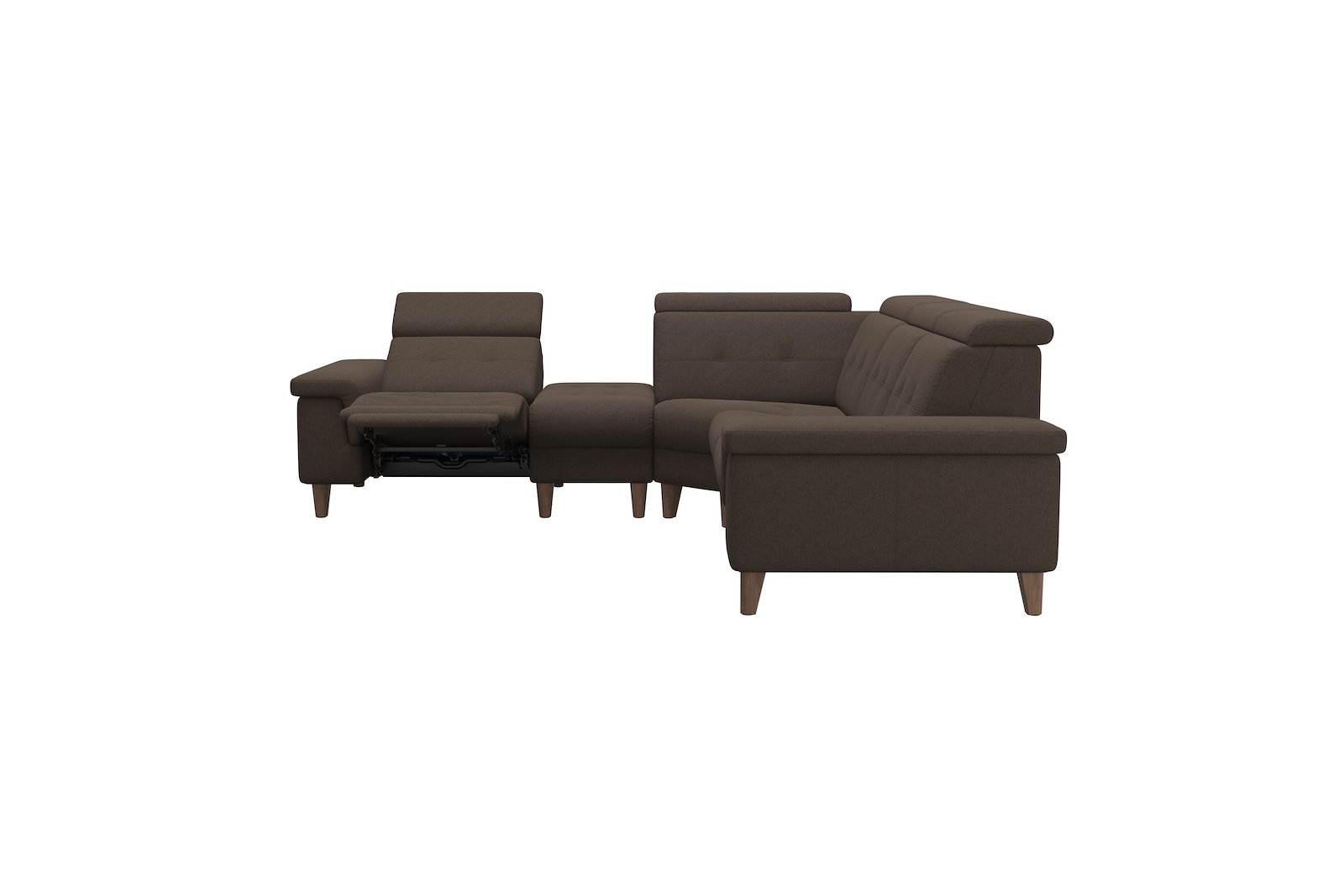 Anna C12 hjørnesofa (PCenterCMM) Tekstil Calido Brown med A2 arm og valnøttbeisede skrå ben, 14 cm. (Power-Center-CornerManual-Manual)