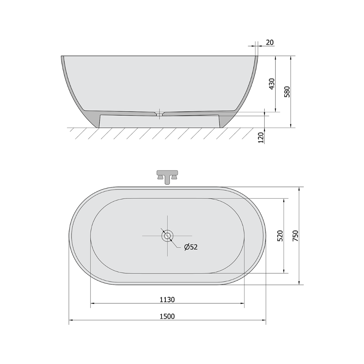 Polysan Reduta vrijstaand bad grijs mat gegoten marmer 150x75cm