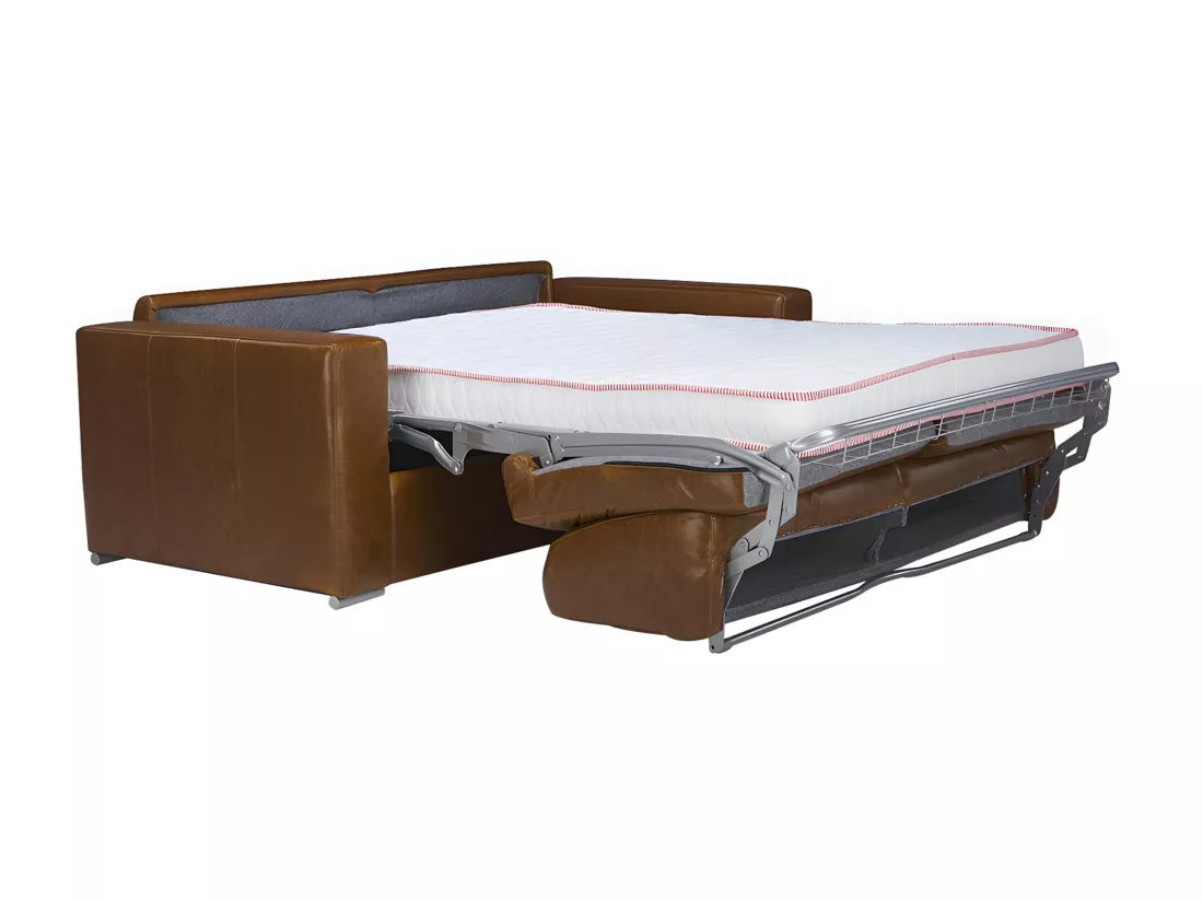 Canapé 3 places convertible express 100% cuir de buffle vintage caramel matelas 20 cm DELECTEA II