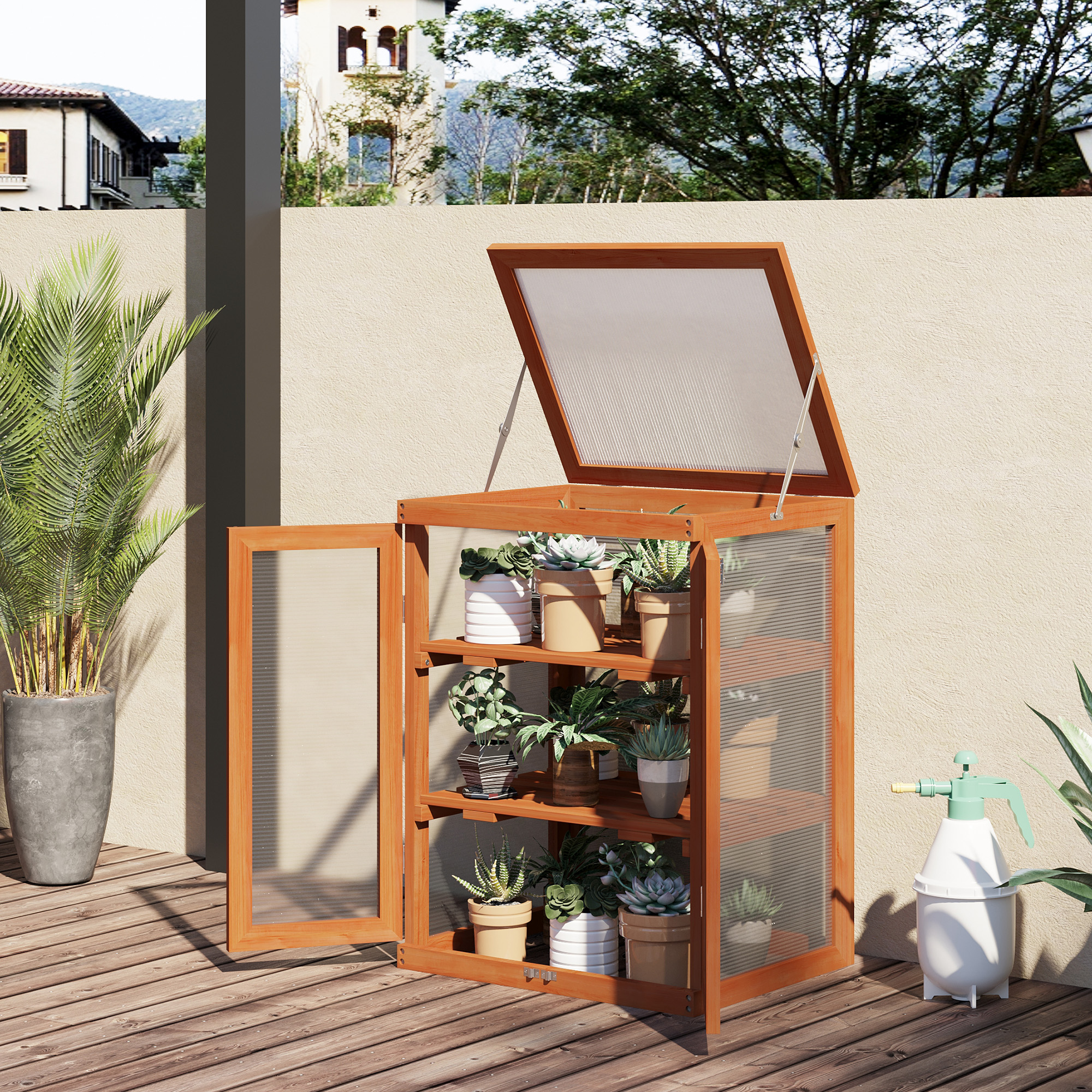 Estufa de jardim Outsunny em madeira e policarbonato, com 3 prateleiras, 2 portas e tampa articulada para cultivo de plantas em terraços ou pátios, 58x44x78 cm, cor natural.