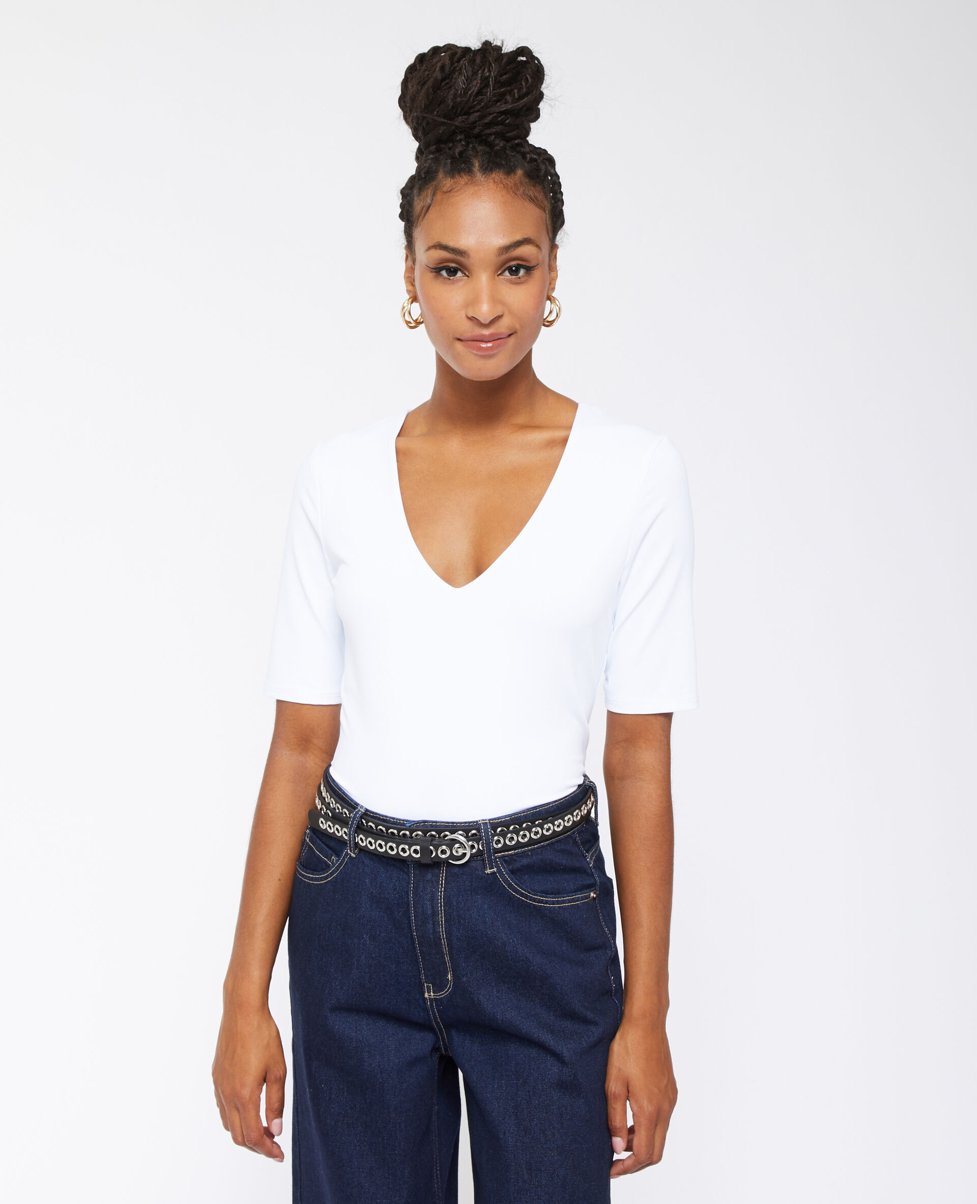Top col V en maille - Blanc