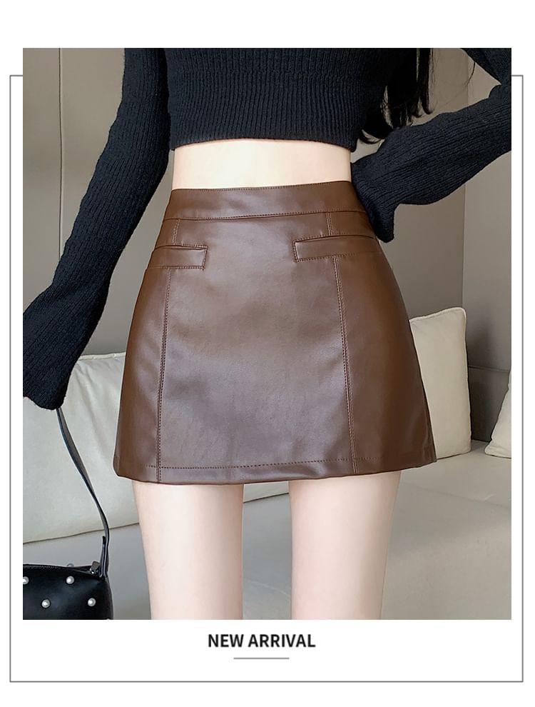 Dragan Pulse - Hoge taille imitatieleren mini A-lijn rok