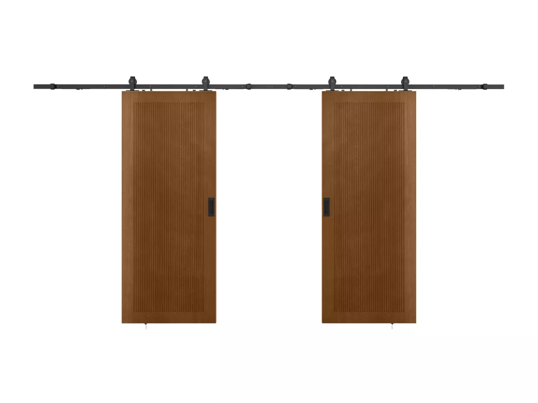 Porte coulissante double avec système en applique en MDF et bois - naturel foncé - 2 x H205 x L73 cm - SANDORA