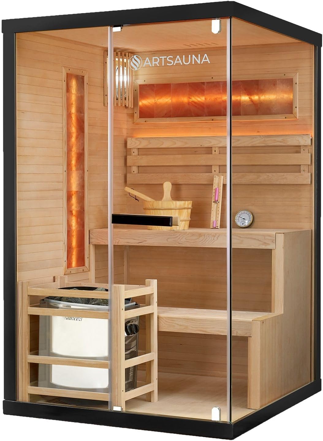 Artsauna Saunakabine Vantaa 120 mit Salzstein - Indoor Sauna 2 Personen - 3,5k W Ofen, Glasfront, LED Licht, Thermometer & Sanduhr - Komplett Set