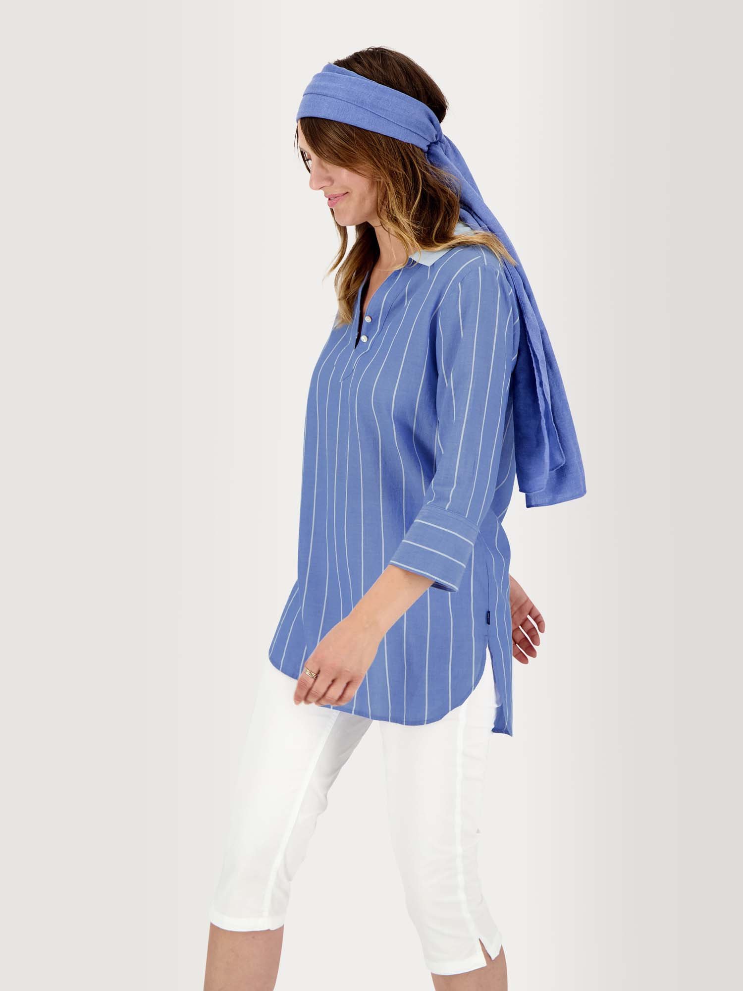 Tunique Femme Voile Coton A Rayures Bleu Clair