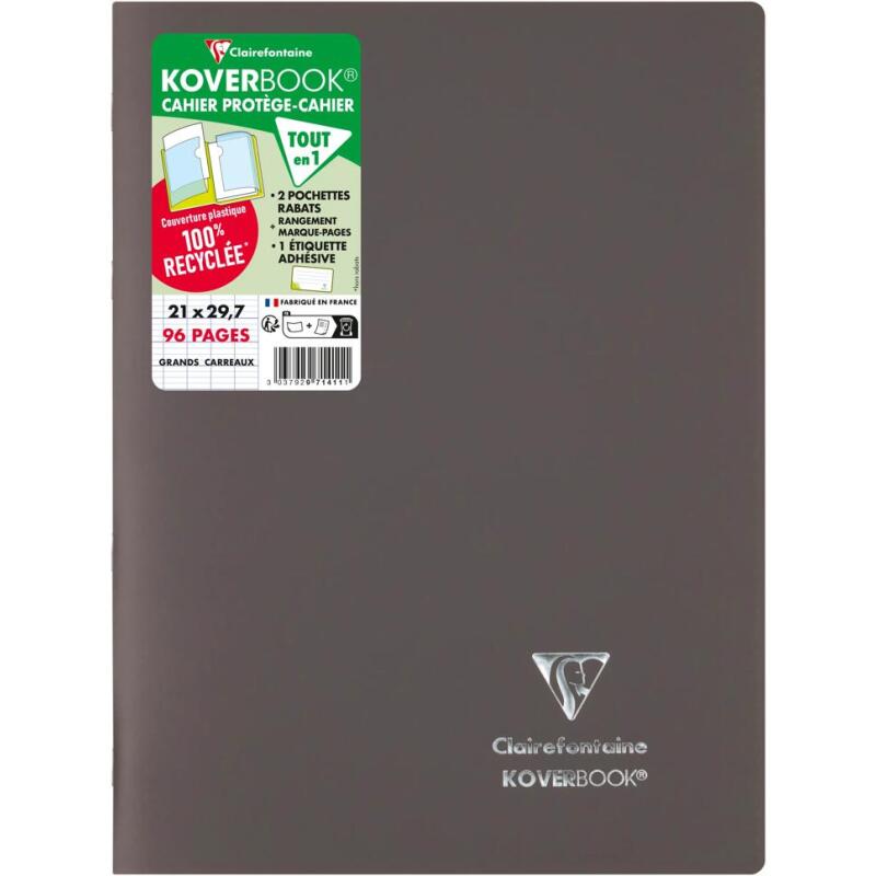 Cahier piqué Koverbook A4 96 pages grands carreaux couverture polypropylène opaque 100% recyclé - Assortis