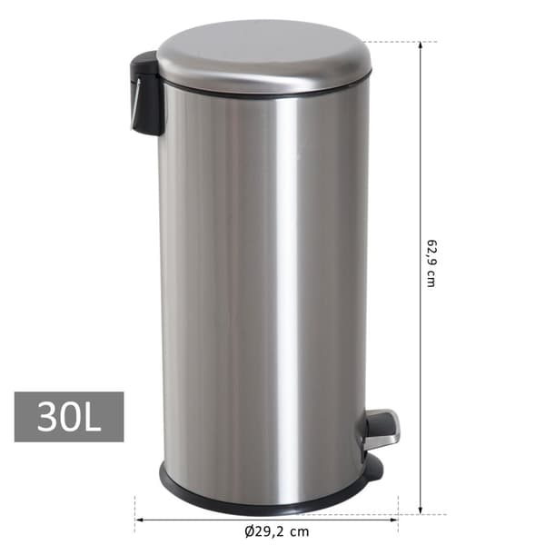 Pedalbeholder 30L Pedalbeholder Med Innerbeholder Og Hengslet Lokk, Rustfritt Stål, Hygienisk, Sølv