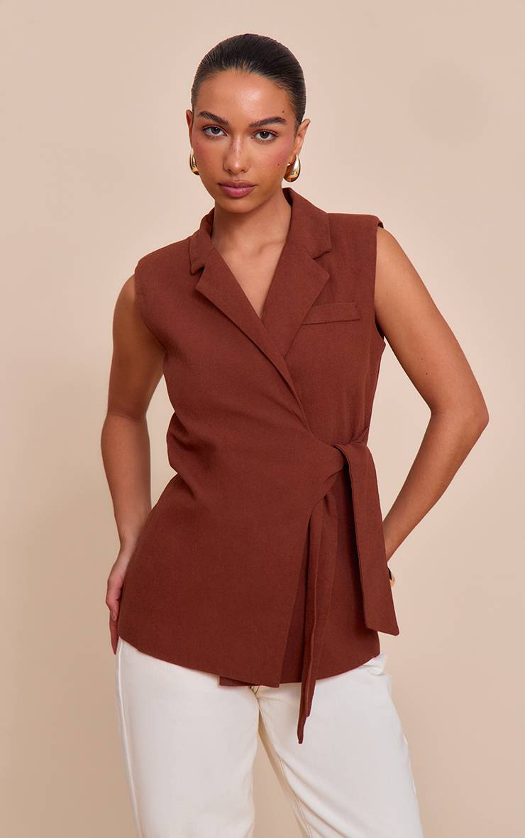 Rouille Gilet Sans Manches Aspect Lin À Nouer À La Taille