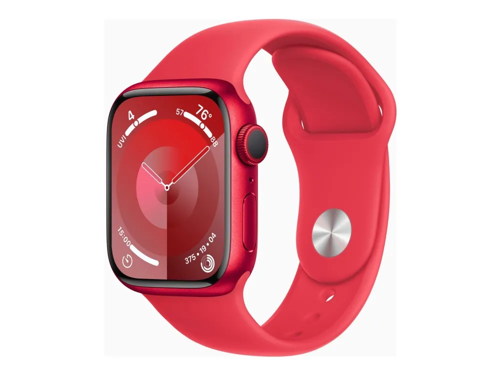 [OUTLET] - Apple Watch Series 9 (GPS) - (PRODUCT) RED - 41 mm - rød aluminium - smart ur med sportsbånd - fluoroelastomer - rød - båndstørrelse: S/M - 64 GB - Wi-Fi, Bluetooth, UWB - 31.9 g