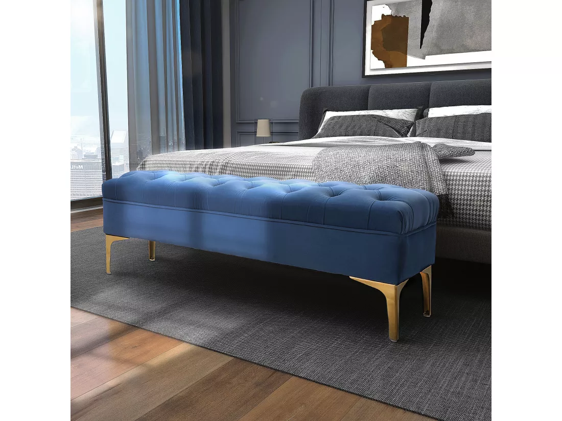 Banc banquette capitonnée style classique chic dim. 118L x 45l x 42H cm piètement métal doré velours bleu roi