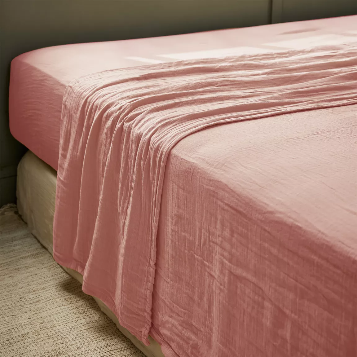 Drap plat gaze de coton (240 x 300 cm) Gaïa Rose pêche