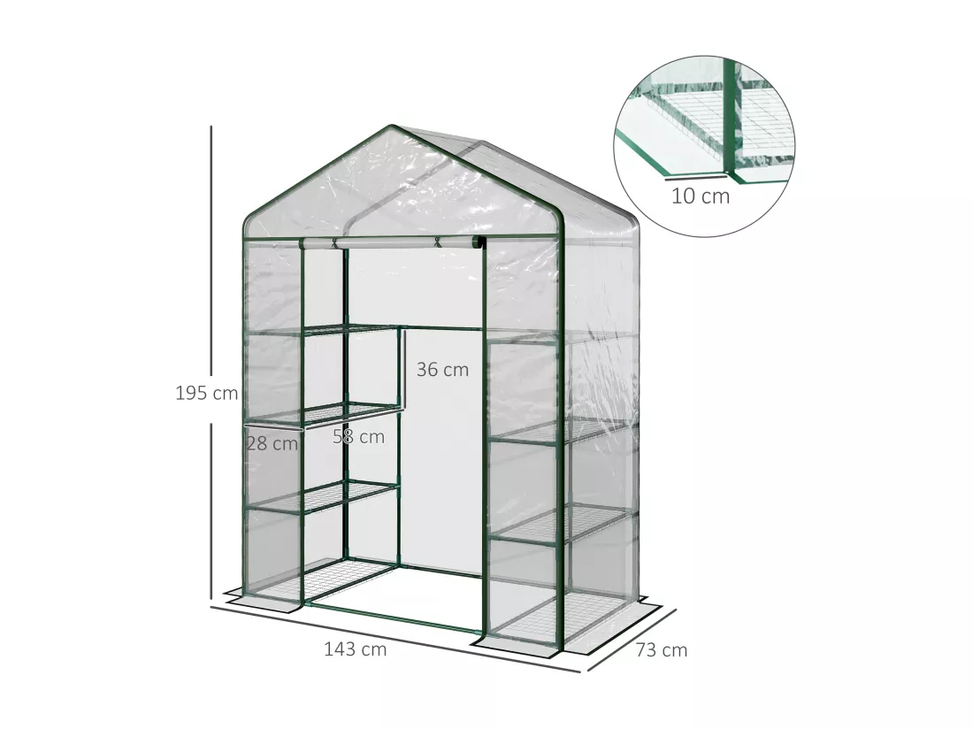 Serre de jardin balcon terrasse 8 étagères dim. 143L x 73l x 195H cm acier PVC imperméable anti-UV transparent vert