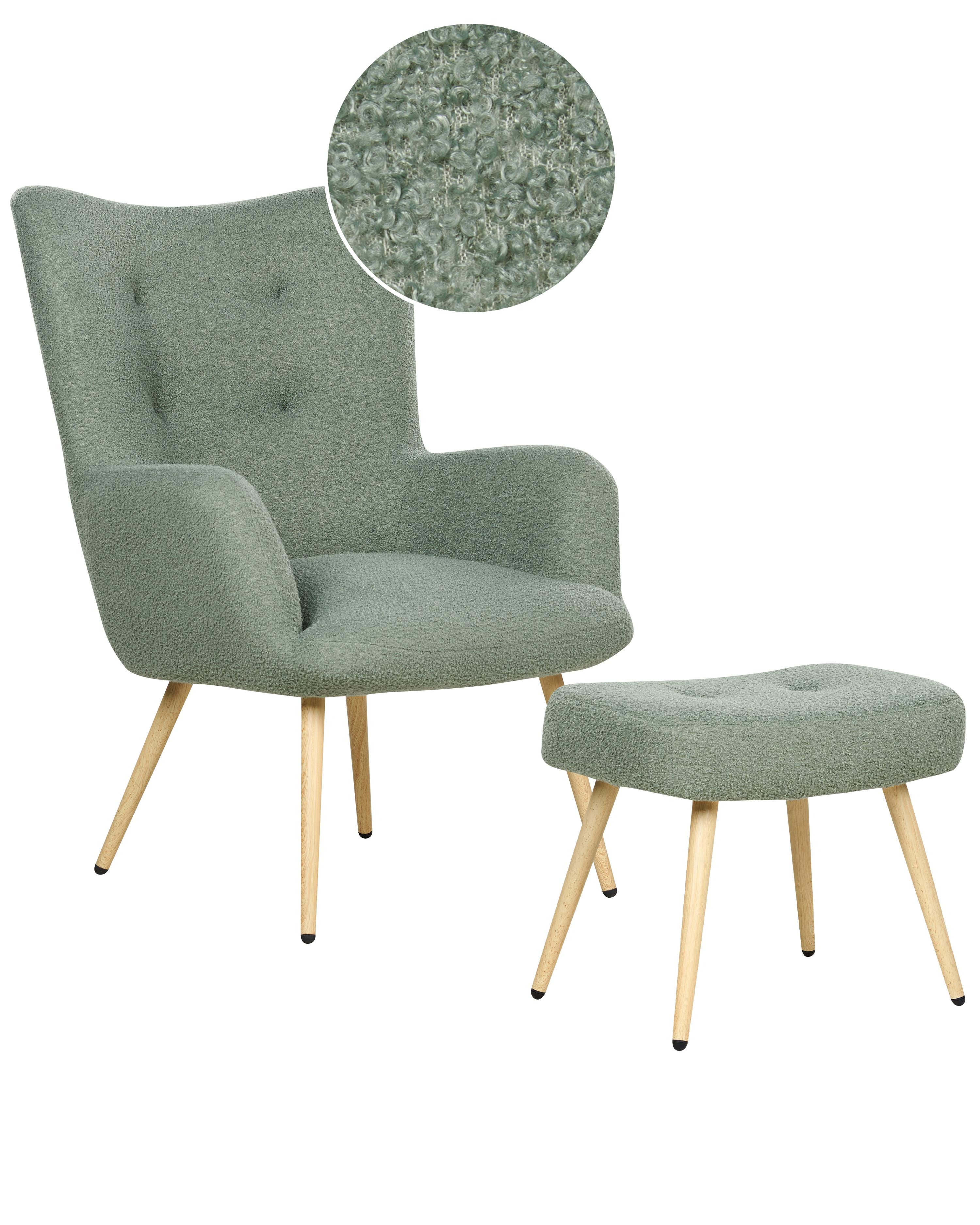 Oorfauteuil VEJLE met voetenbank Bouclé Lichtgroen
