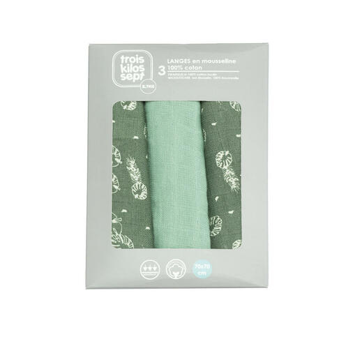Lot de 3 langes 70x70 Feuille - TROIS KILOS SEPT
