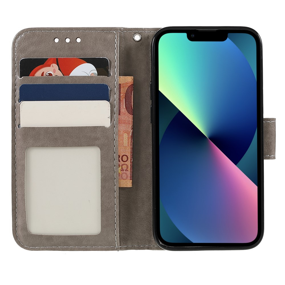 iPhone 13 Leder Tasche Wallet - Mandala Flowers Imprint - Grau