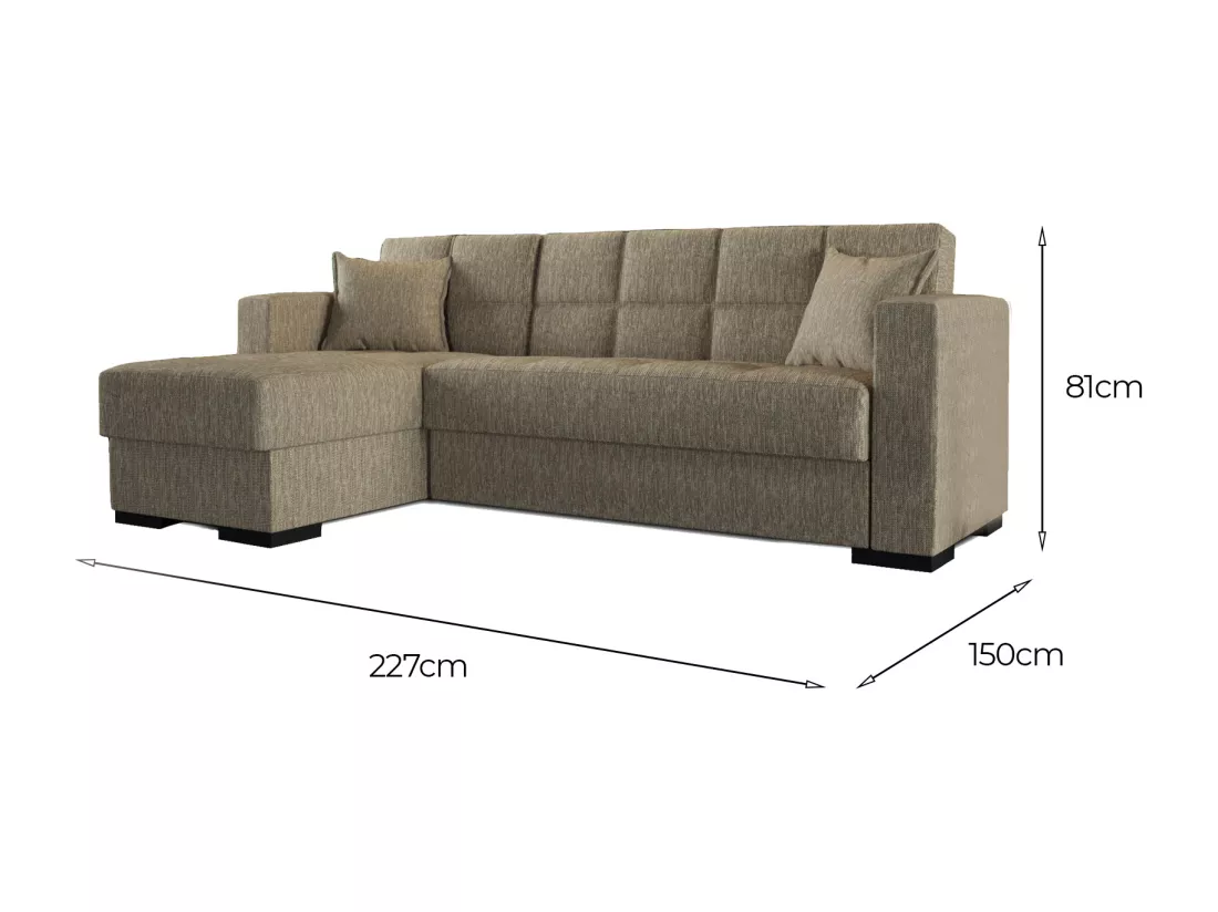 Canapé Fernando, Canapé d'angle avec péninsule réversible, Canapé de rangement pour le salon avec chaiselongue et 2 coussins, 230x150h81 cm, Beige