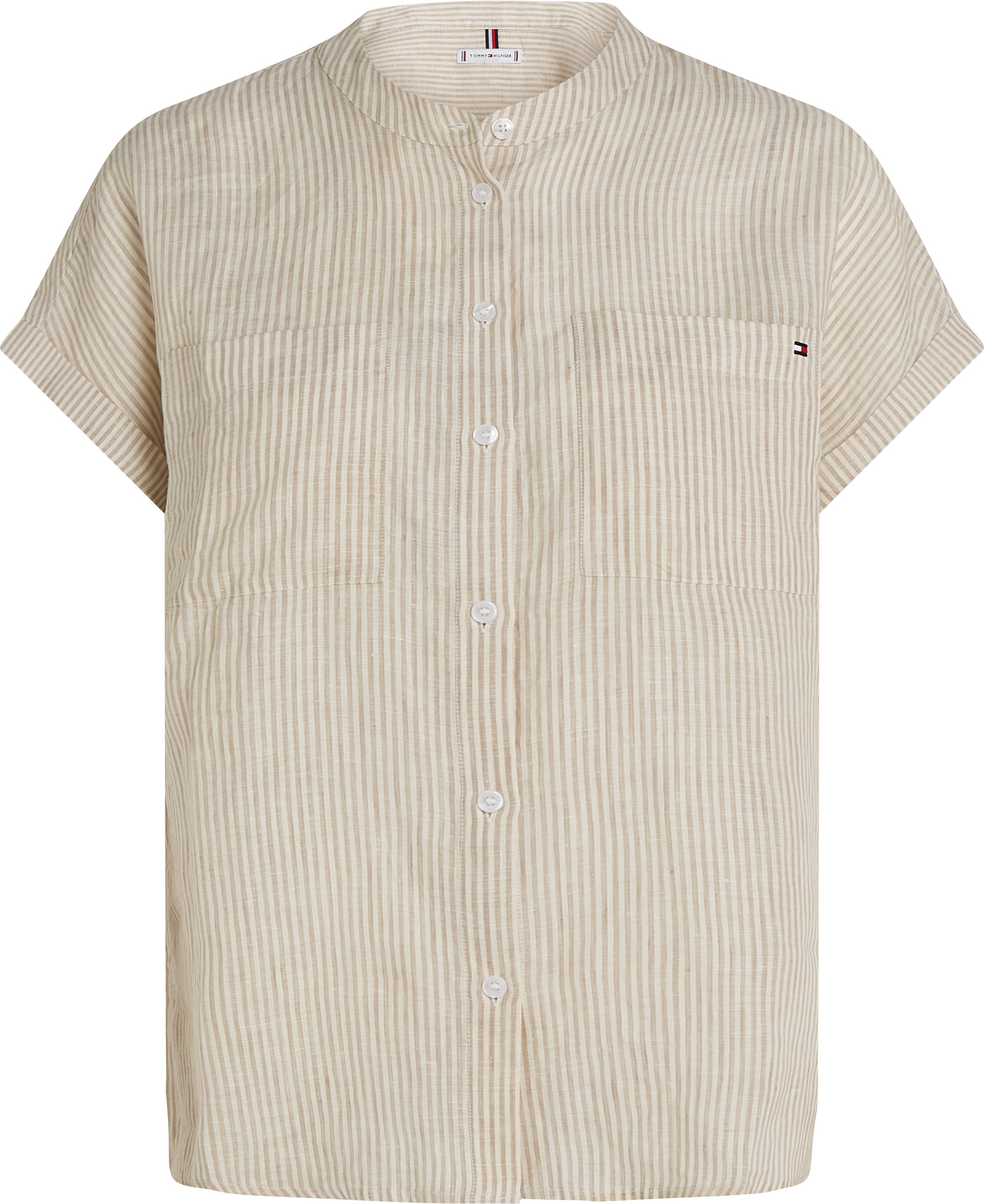 Tommy Hilfiger Kurzarmbluse »ESS LINEN COLLARLESS S/S BLOUSE« mit Logostickerei ,kühlendes Premium Leinen