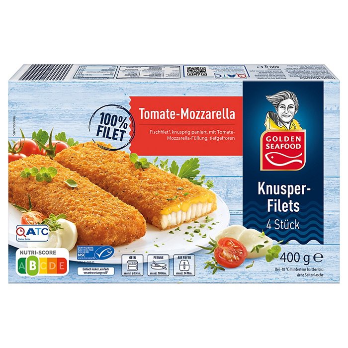 GOLDEN SEAFOOD Knusperfilets 400 g, Tomate-Mozzarella