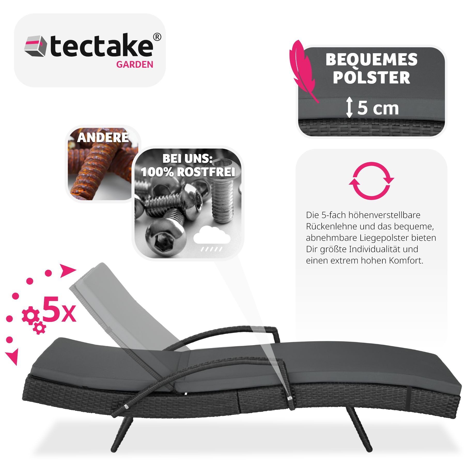 tectake® Rattan Sonnenliege, mit Aluminiumgestell, UV-beständig, 190 x 62 x 34 – 74,5 cm