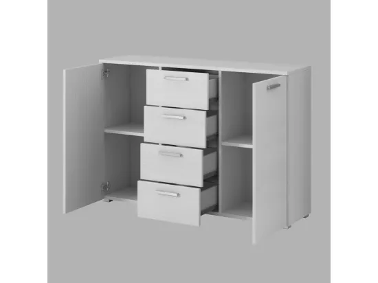 Chambre à coucher FLOYD : Armoire 220cm, Lit 180x200, commode, chevets. Coloris blanc effet bois.