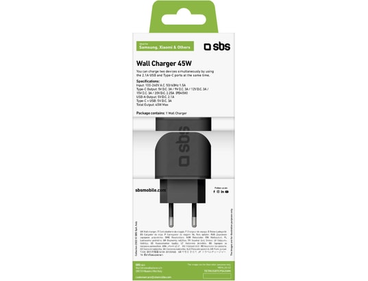 SBS - Chargeur secteur 45 W - Recharge ultra rapide PD