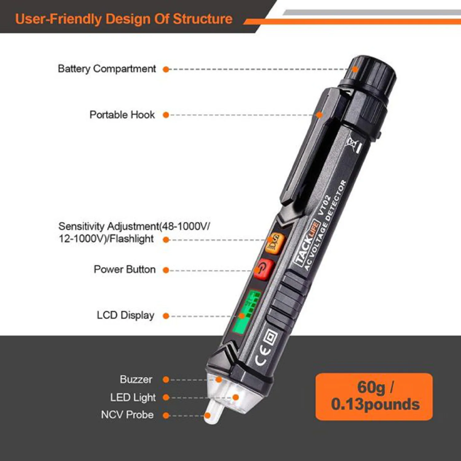 TACKLIFE VT02 Laser & Nivelliergeräte Berührungsloser Wechselspannungsprüfer/Spannungsprüfstift