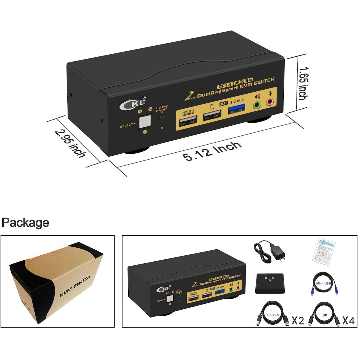 KVM-svitsj 2 til 2 DisplayPort til DisplayPort, 8K30Hz 4K144Hz, 3x USB-A, 2x 3,5 mm AUX