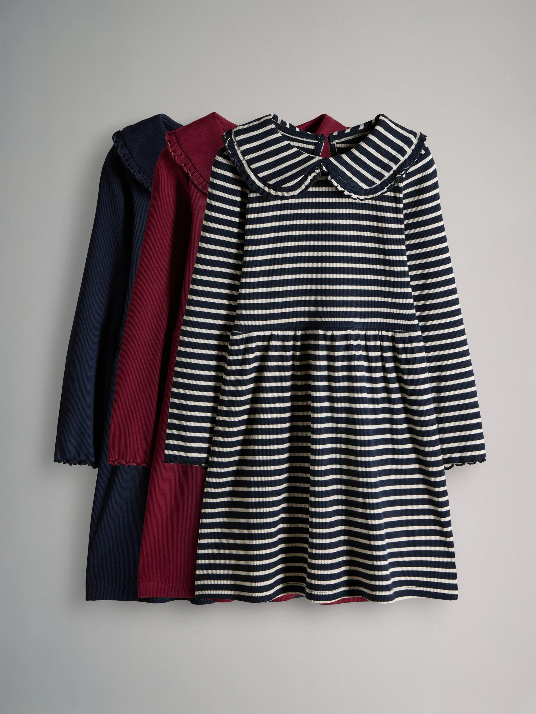 Navy/Red/Stripe - The Set 3 Pack Rib Long Sleeve Collar Dresses