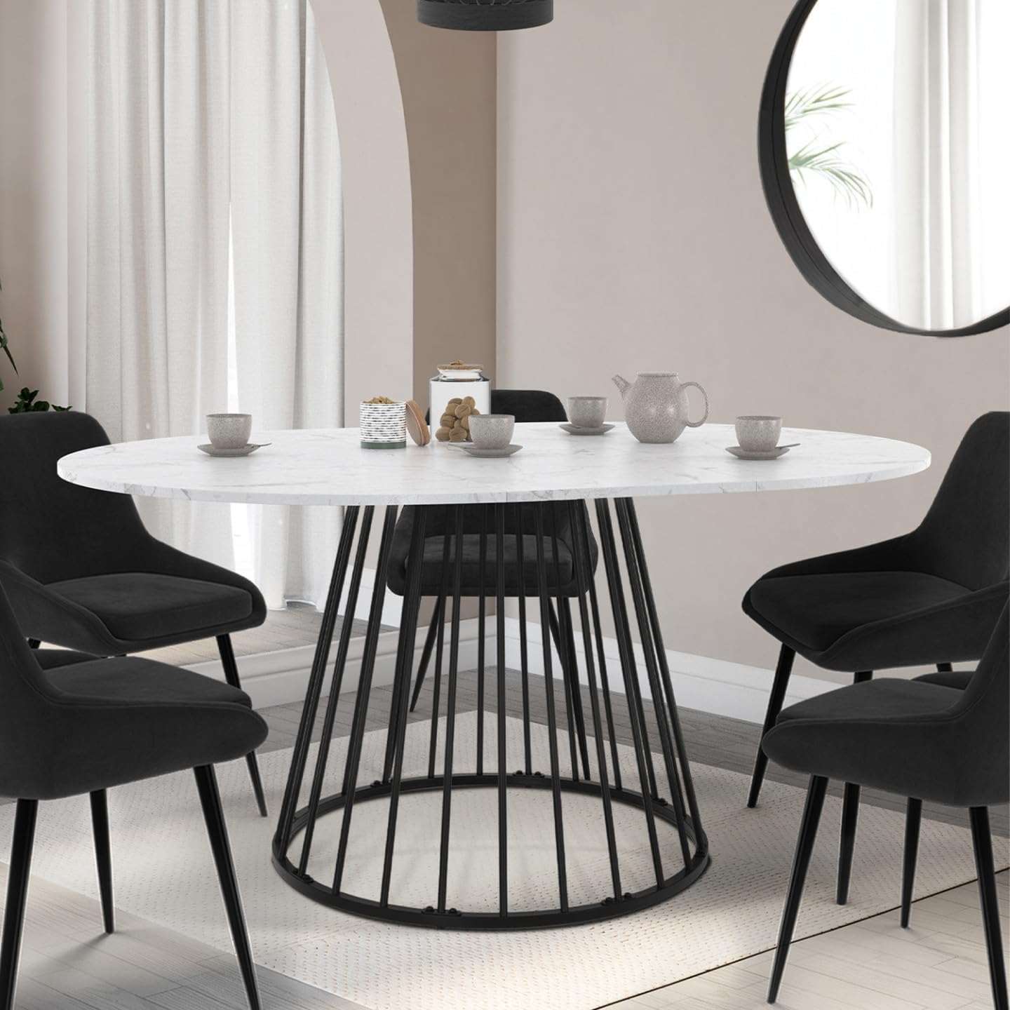 IDMarket - Ausziehbarer runder Esstisch YUNA 4-8 Personen Tischplatte Marmoreffekt weiß Alaska und schwarz 110-150 cm