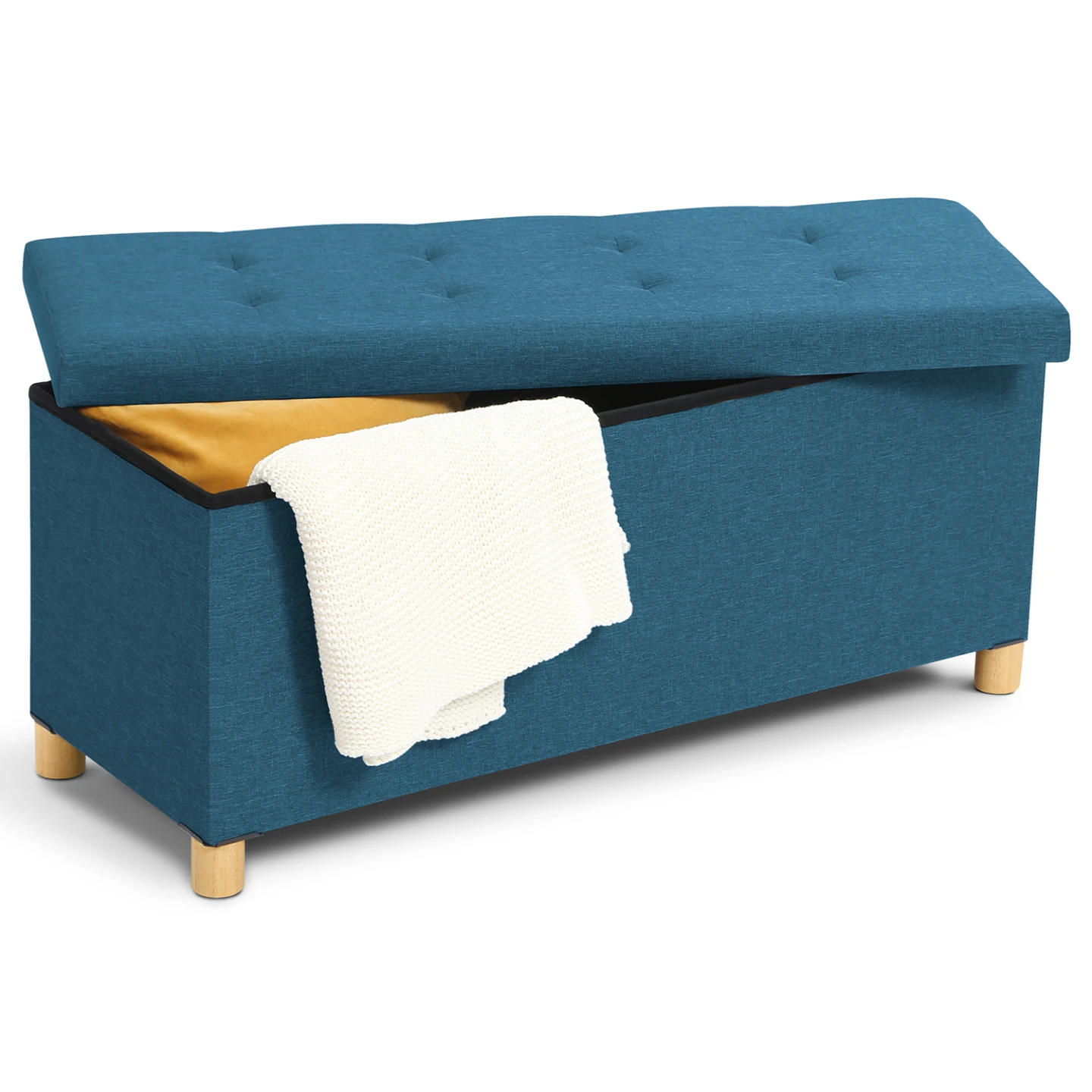 Banc coffre rangement sur pied 100 cm tissu bleu canard